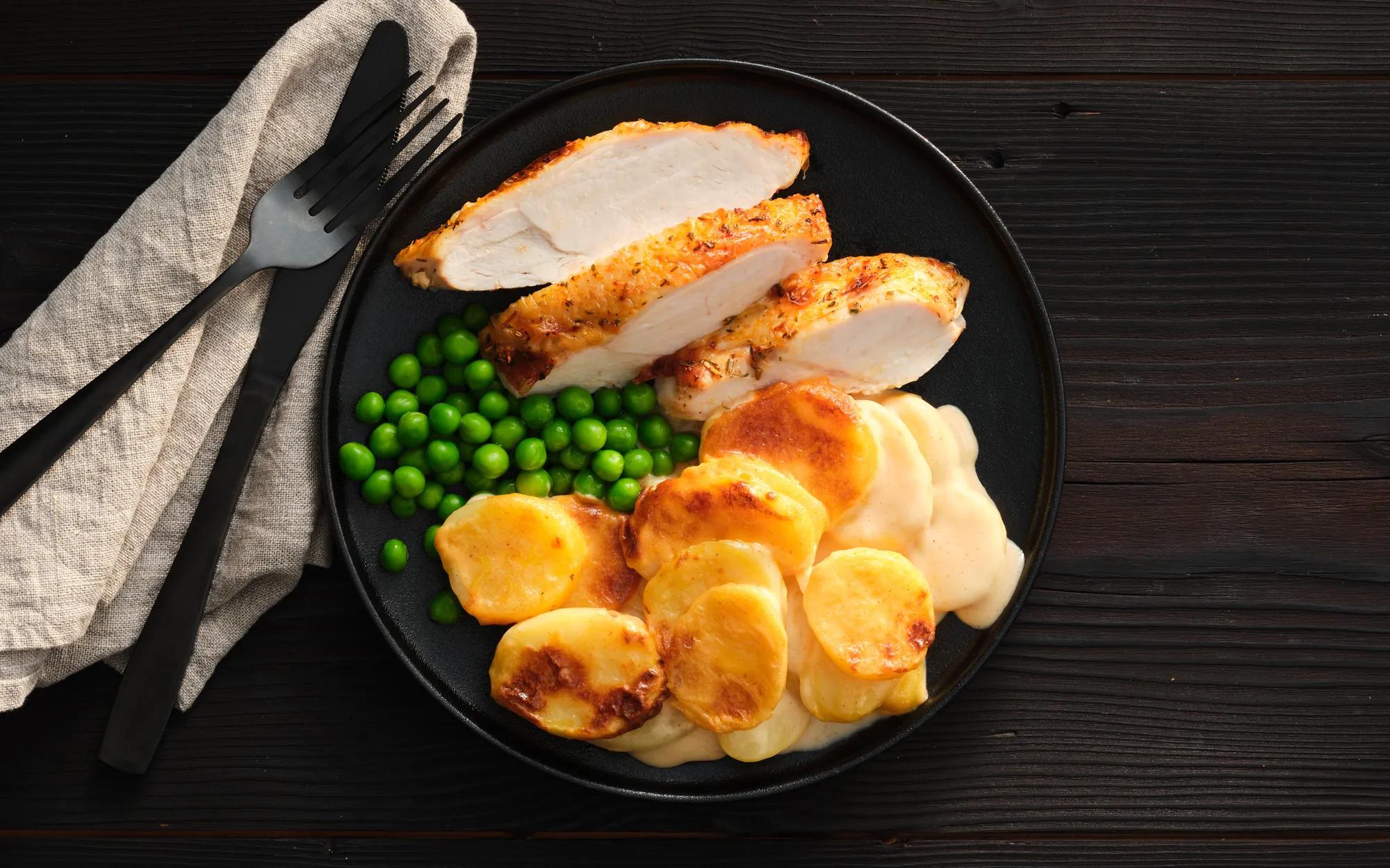 Butterflied Chicken, Peas & Scalloped Potatoes