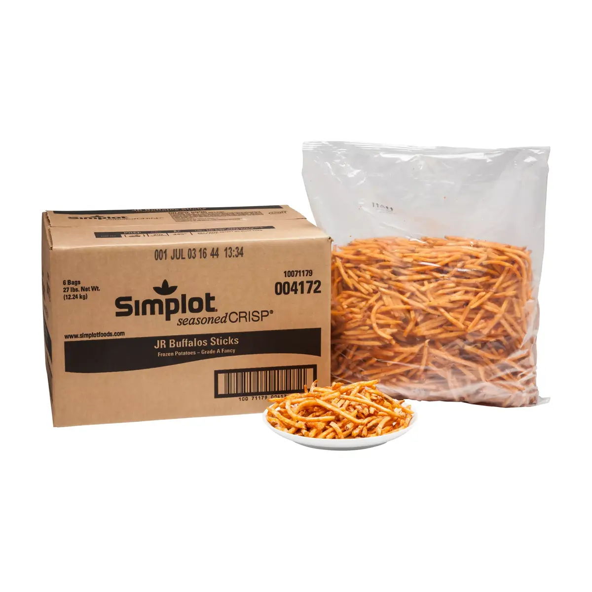 Simplot SeasonedCRISP® Fries Papas a la francesa corte en juliana con rebozado búfalo, con cáscara, Estilo