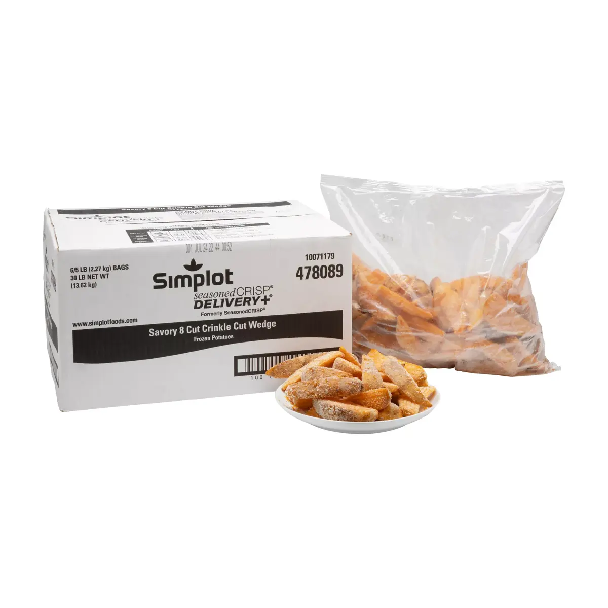 Simplot SeasonedCRISP® Delivery+® Savory Battered 8 Cut Crinkle Cut Wedges, Skin On, Styled
