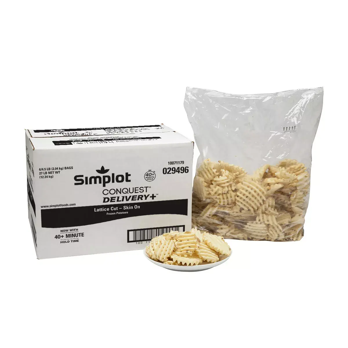 Simplot Conquest® Delivery+® Clear Coated Lattice Cut Fries, Skin On, Styled