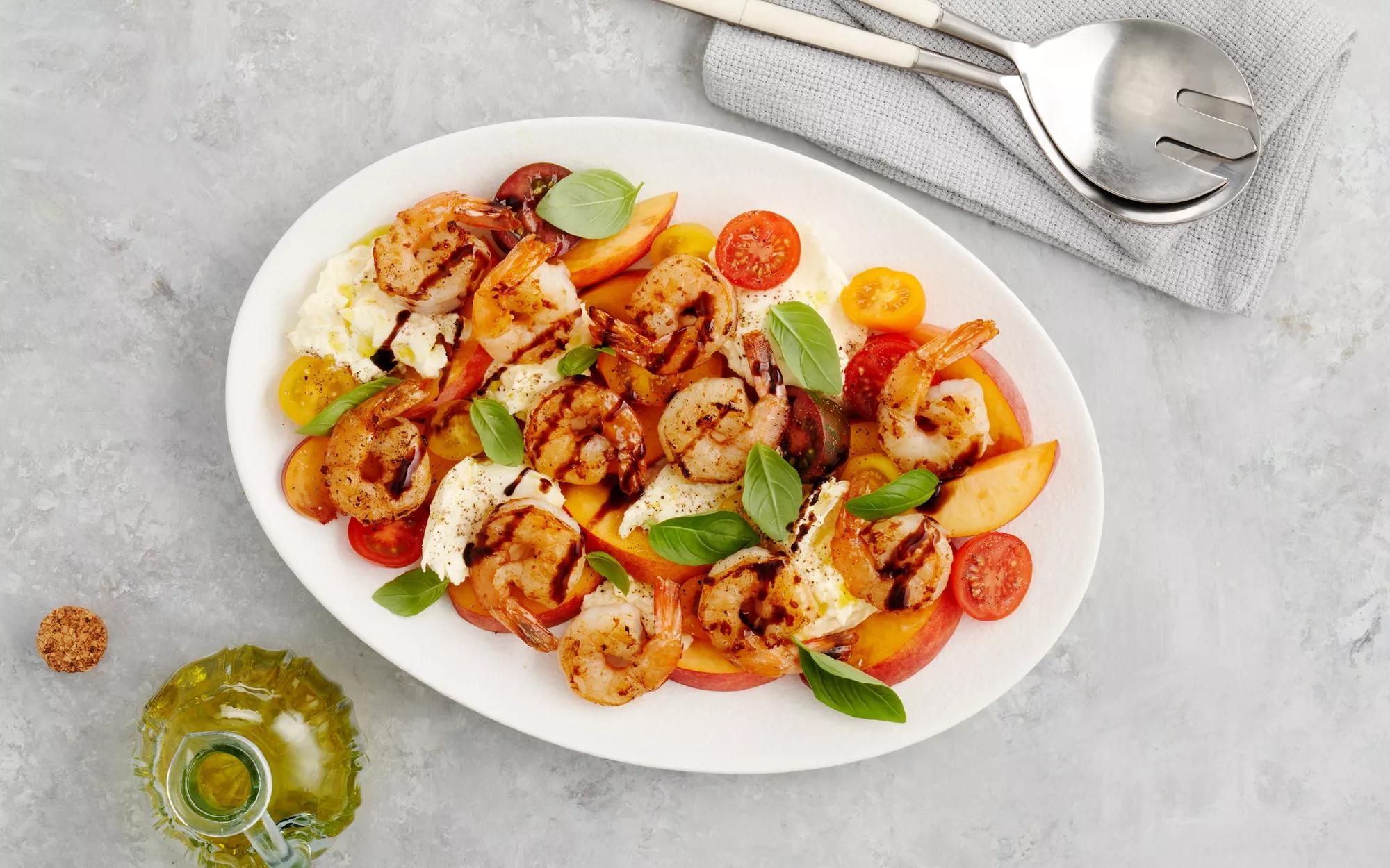 Prawns with Summer Fruits, Burrata and Basil