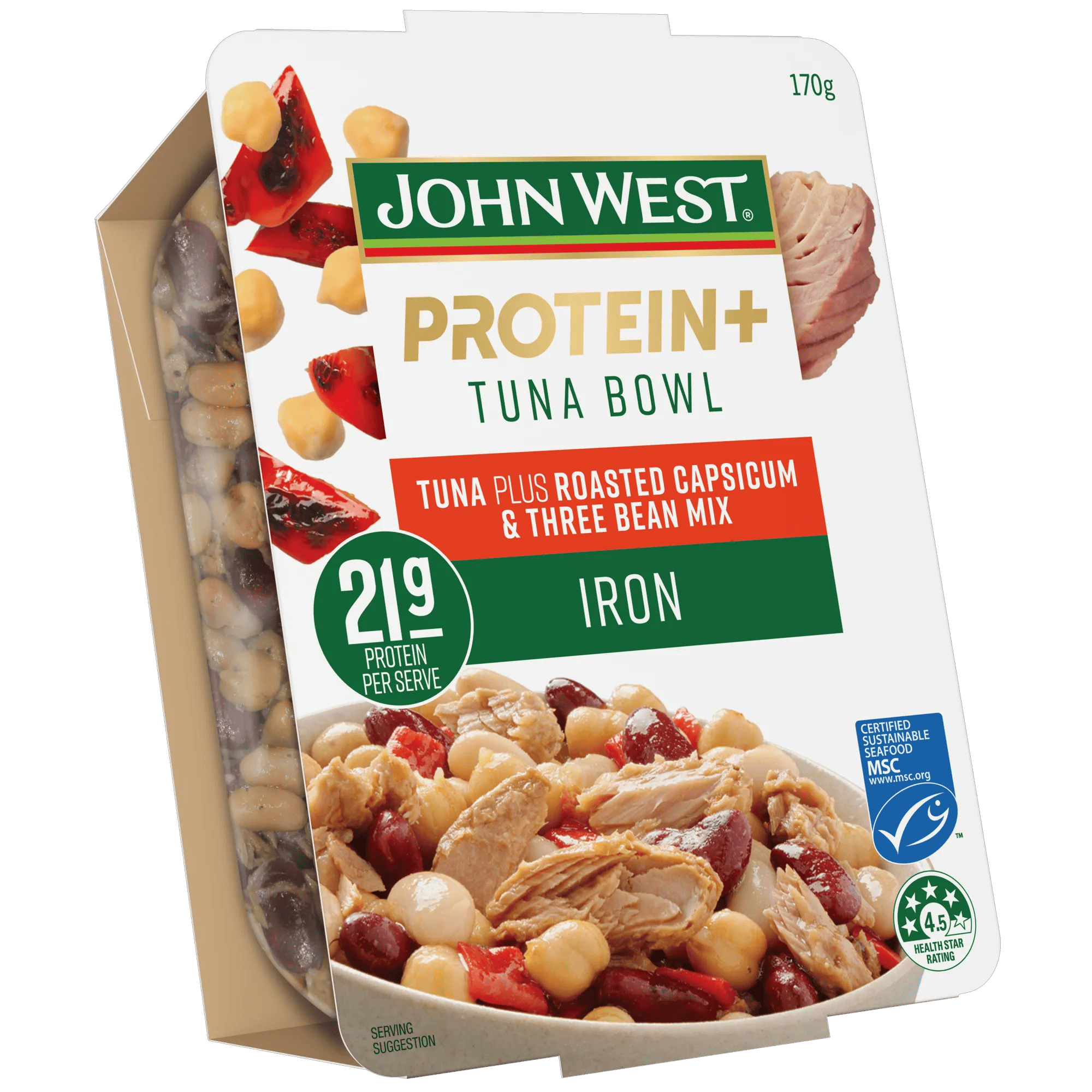 John West Tuna Roast Capsicum Bowl and Three Beans Mix 170g, Tub