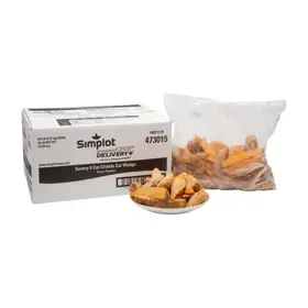 Simplot SeasonedCRISP® Delivery+® Savory Battered 6 Cut Crinkle Cut Wedges, Skin On, Styled