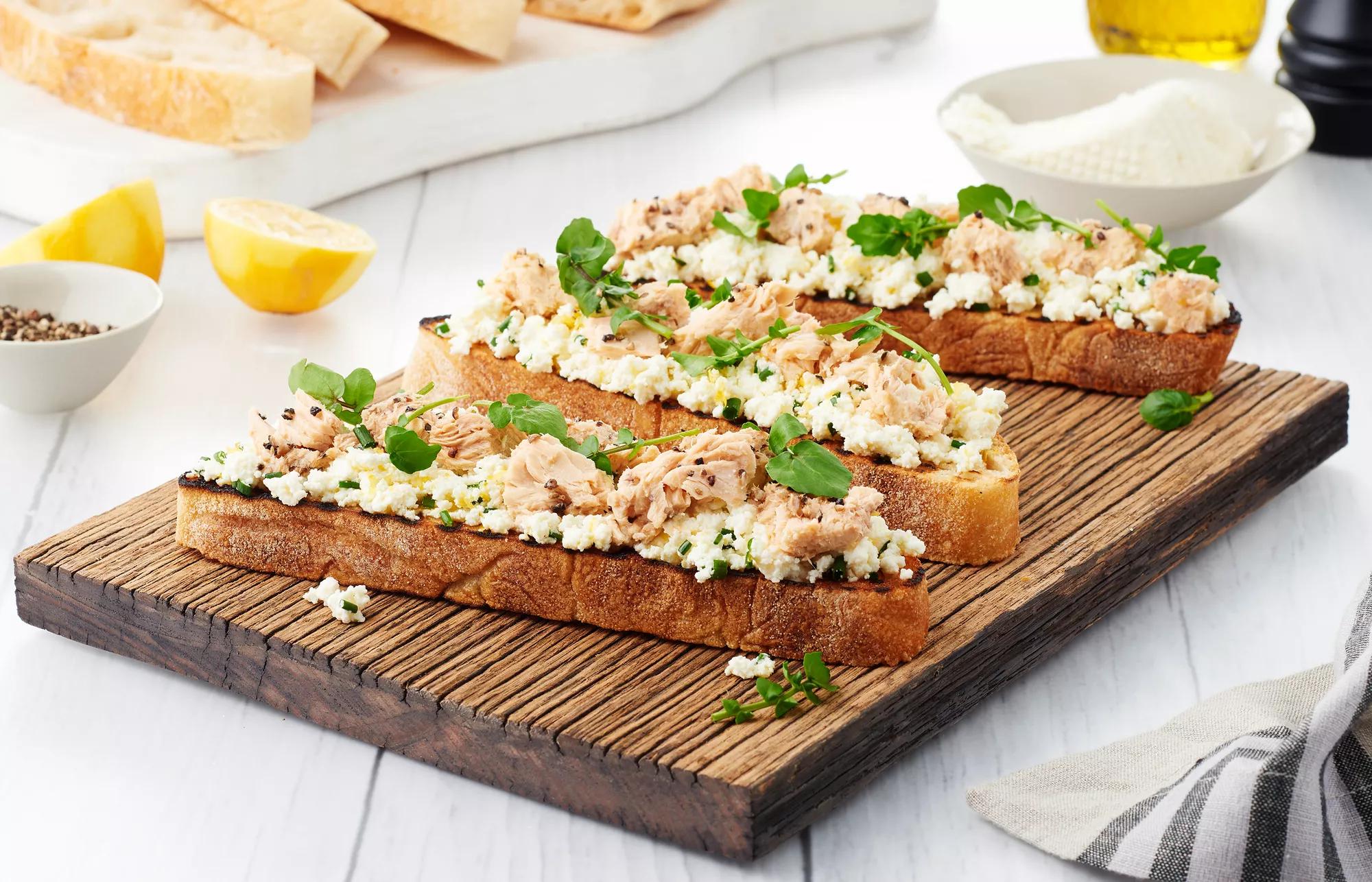 Salmon Bruschetta With Lemon Chive Ricotta & Watercress