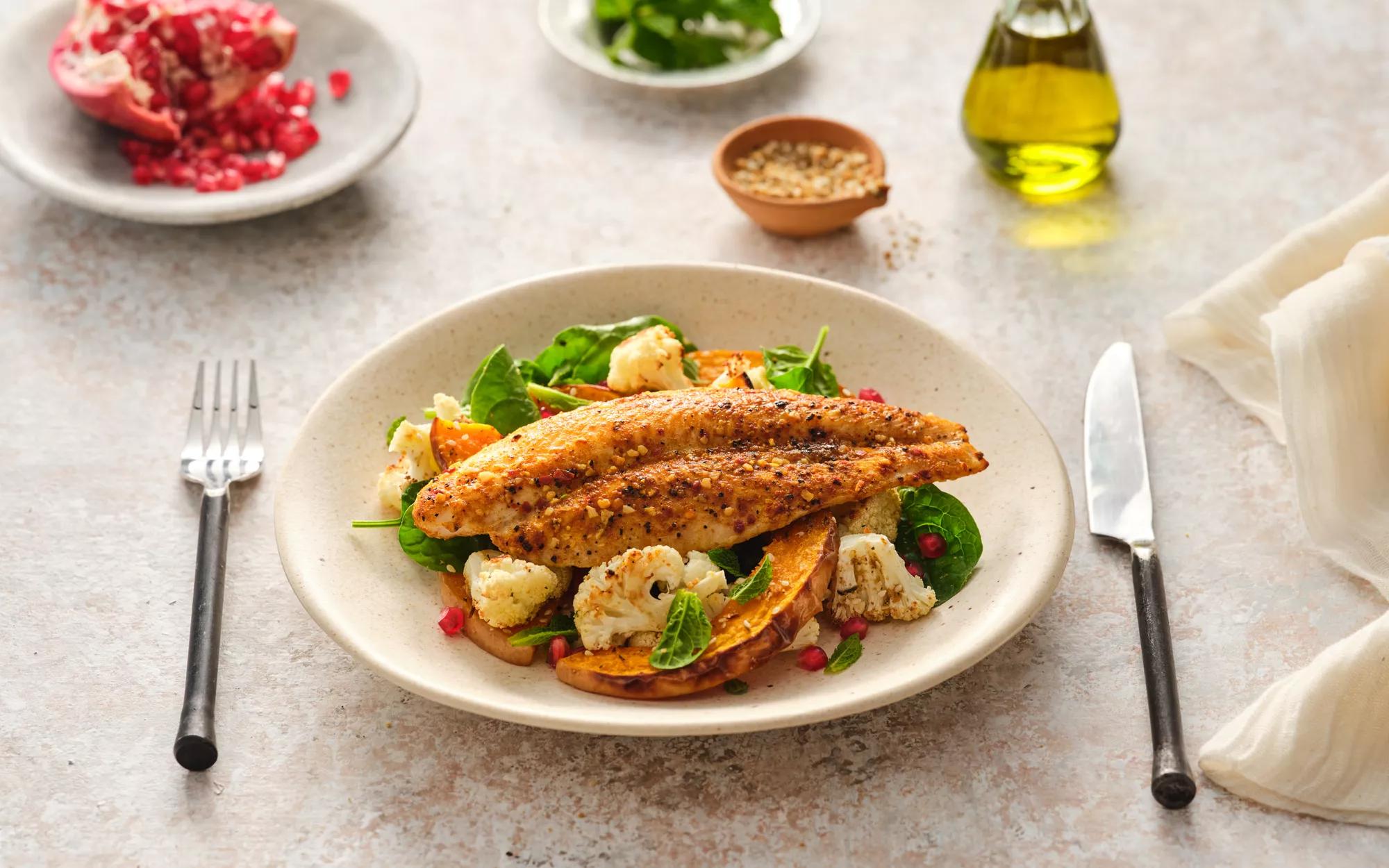 Moroccan Fish With Dukkah Roasted Vegetables