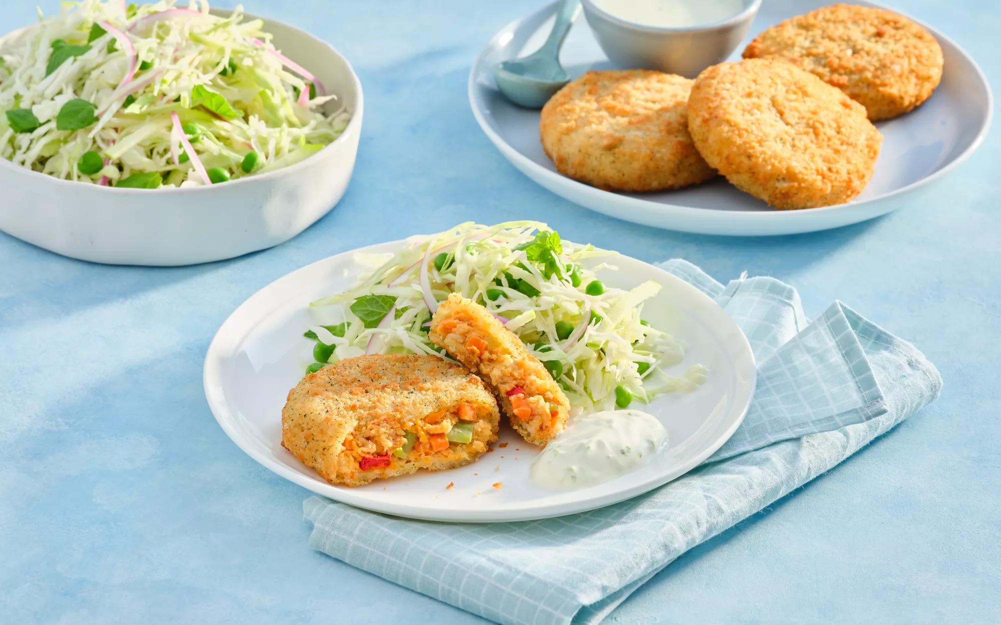 Salmon Cakes with Green Slaw and Lime Yoghurt