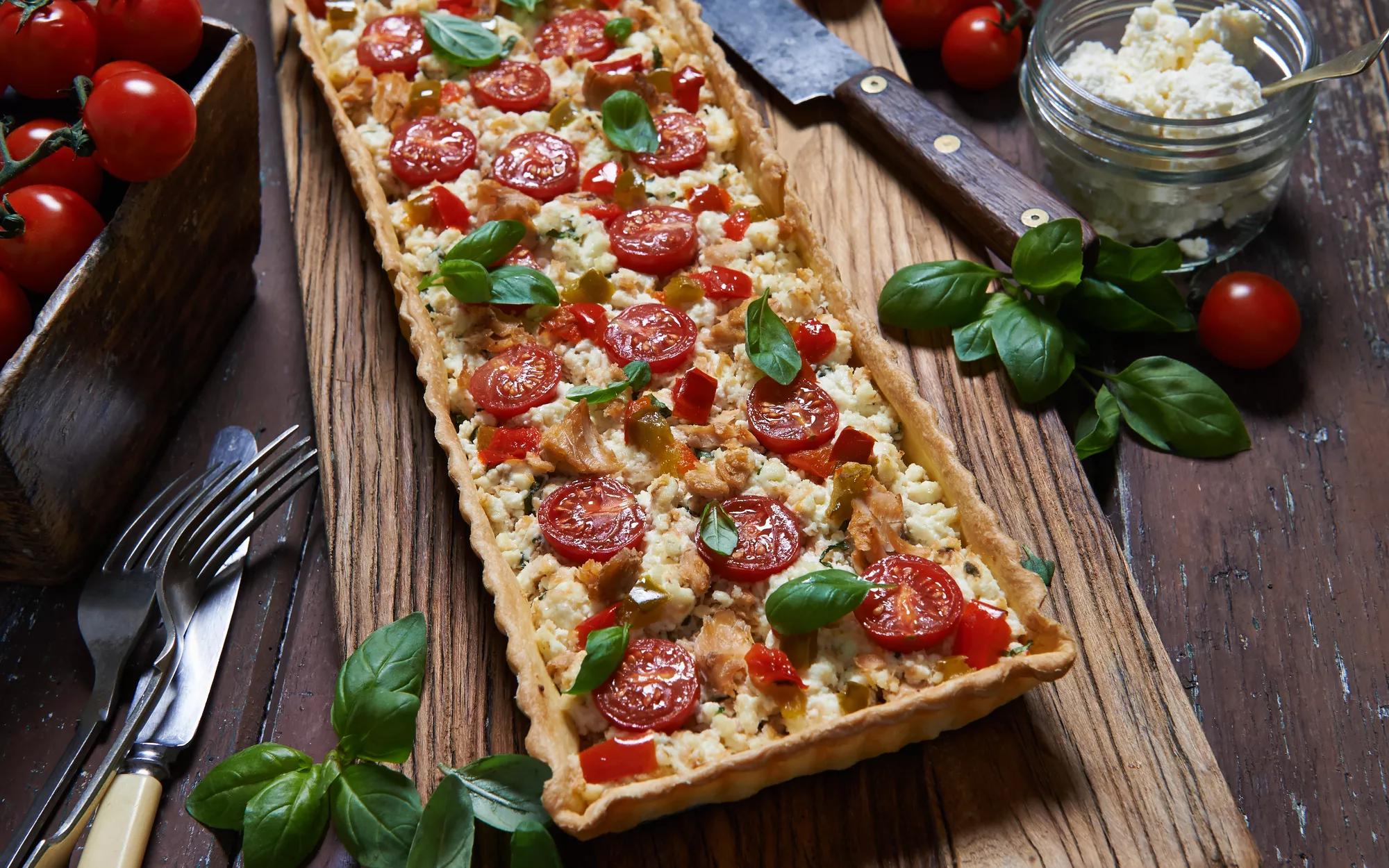 Salmon, Basil, Ricotta & Cherry Tomato Tart