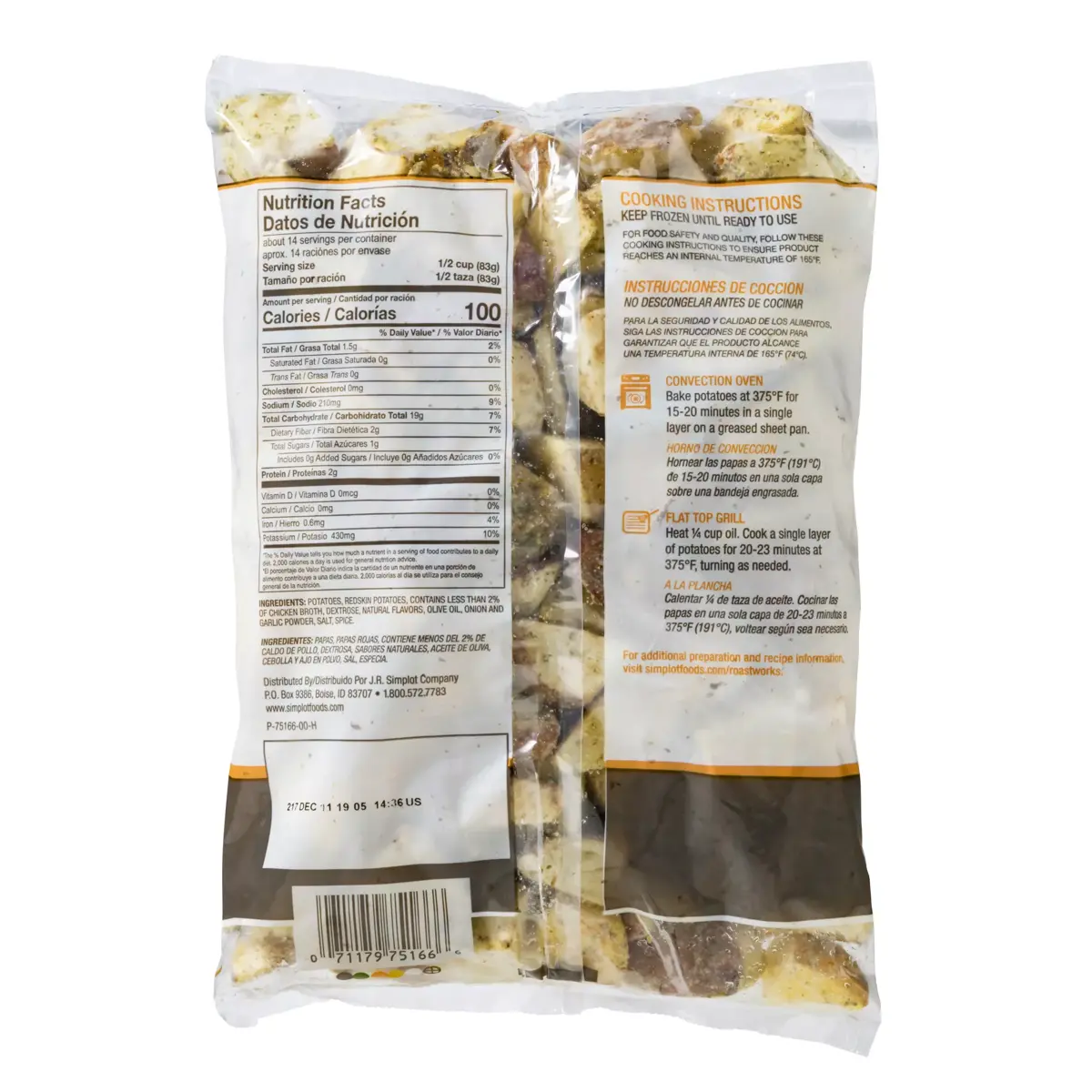 Simplot RoastWorks® Papas doradas rostizadas y de cáscara roja, Reverso del paquete