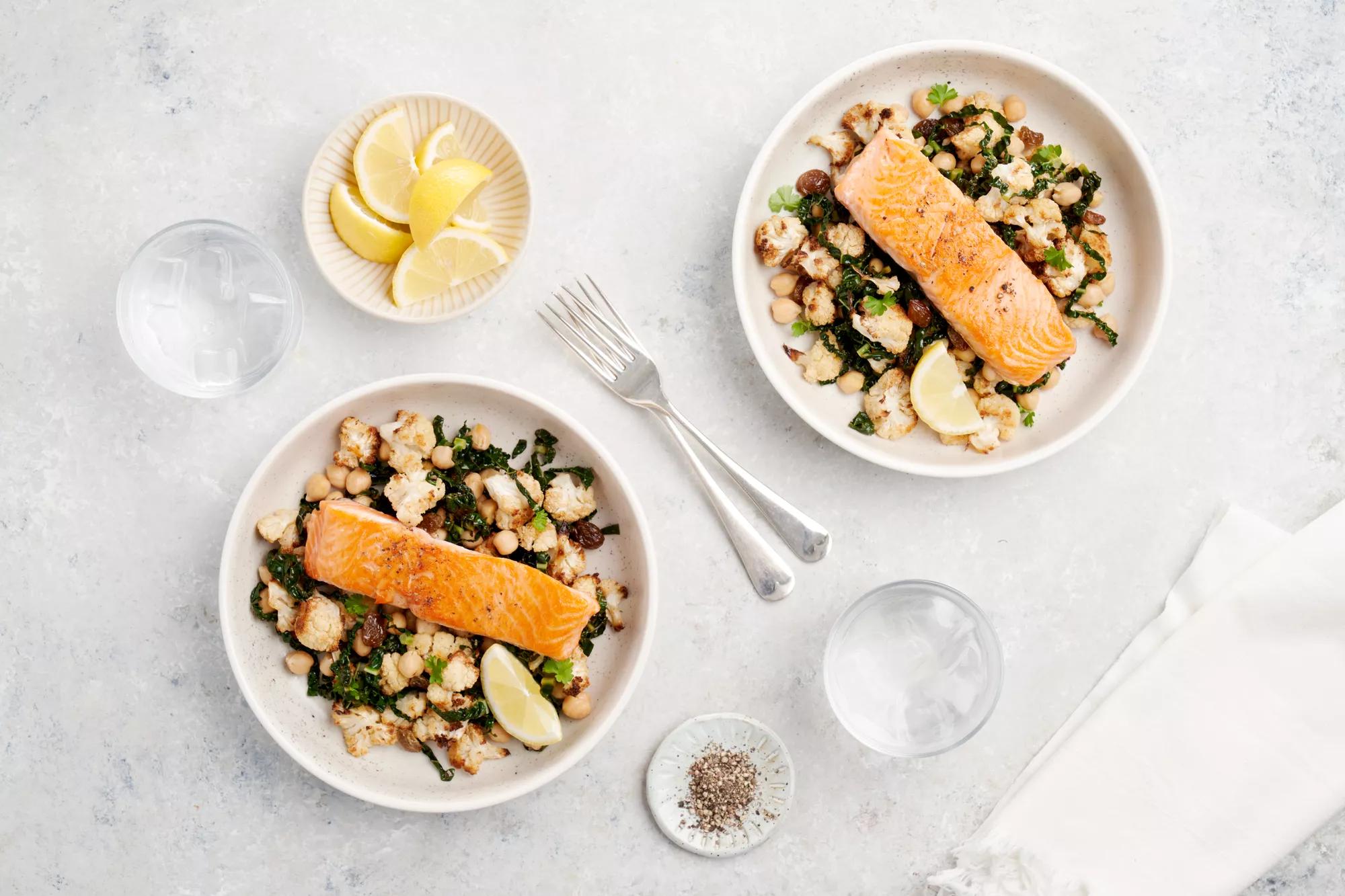 Trout with Spiced Cauliflower Chick Peas and Kale