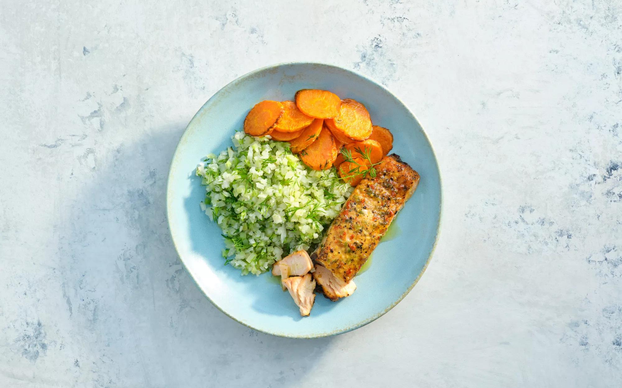 Lemon Pepper Salmon with Veggie Rice and Carrots
