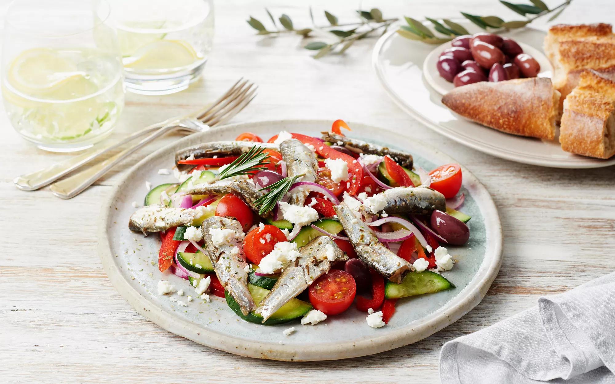 Greek Style Salad With Rosemary & Sea Salt Sardines